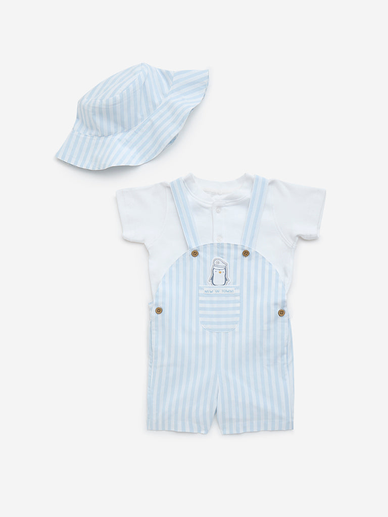 HOP Baby Light Blue Striped Cotton Dungaree, T-Shirt and Bucket Hat Set