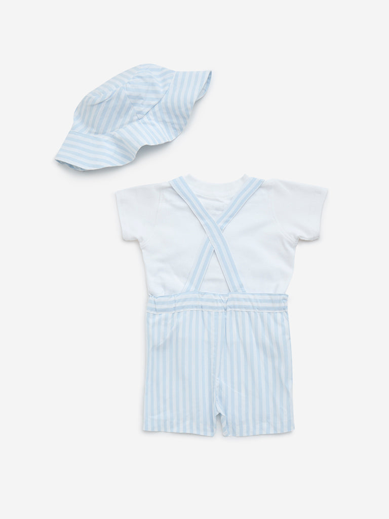 HOP Baby Light Blue Striped Cotton Dungaree, T-Shirt and Bucket Hat Set