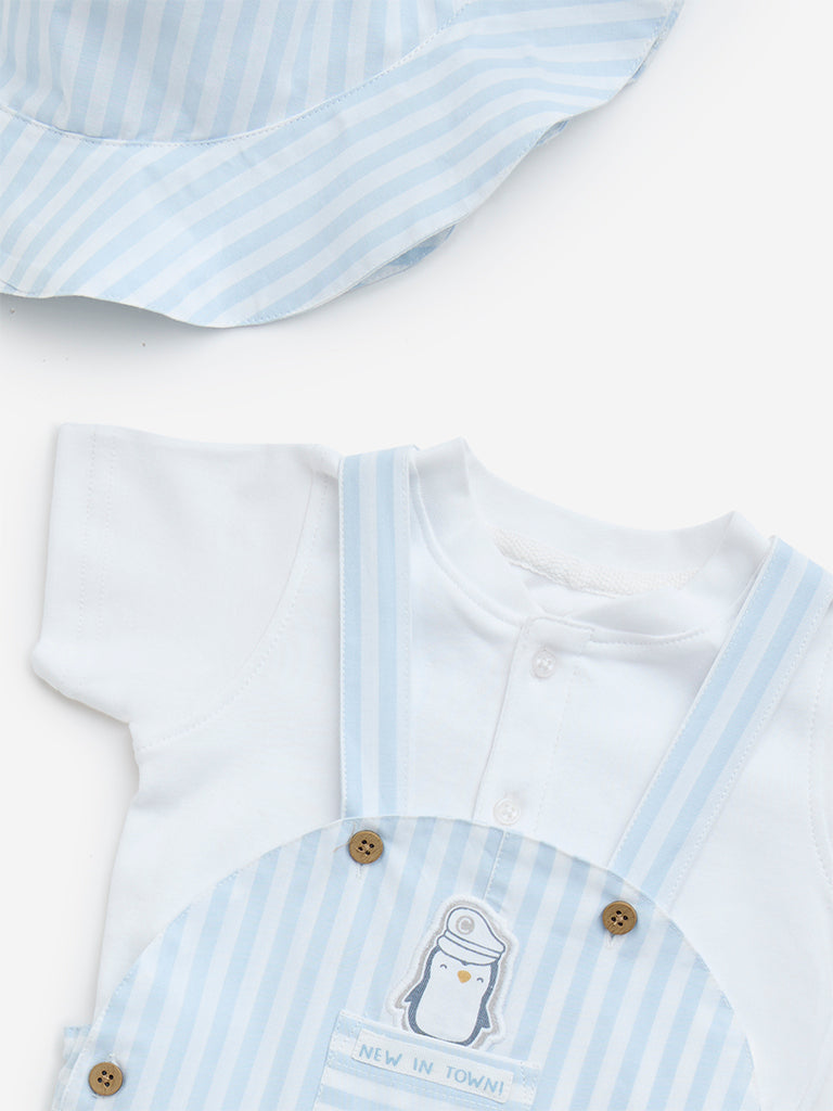 HOP Baby Light Blue Striped Cotton Dungaree, T-Shirt and Bucket Hat Set