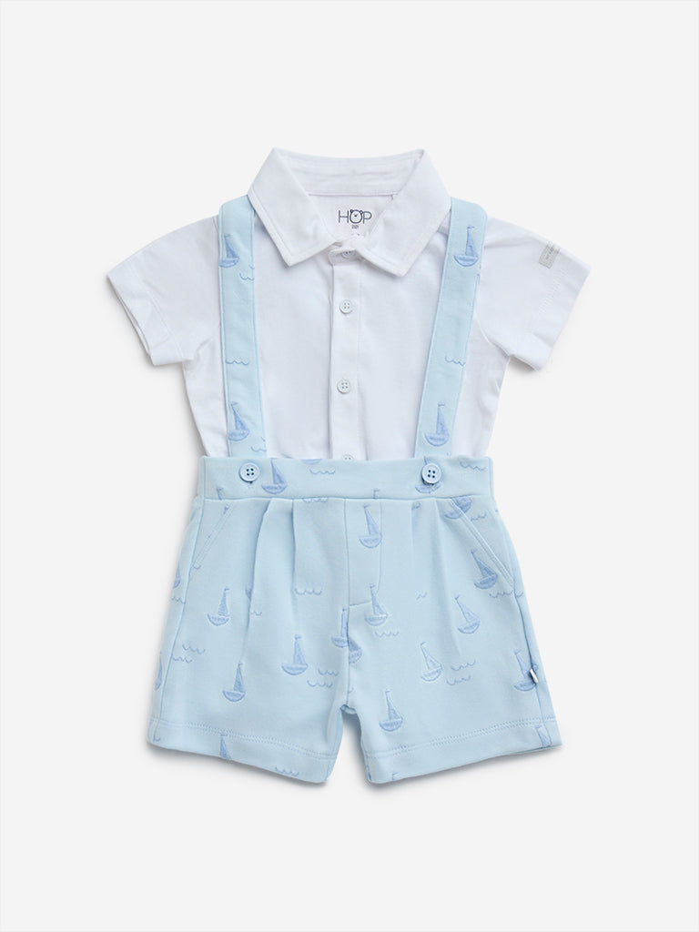 HOP Baby Light Blue Sea-Themed Cotton Shirt and Dungaree Set