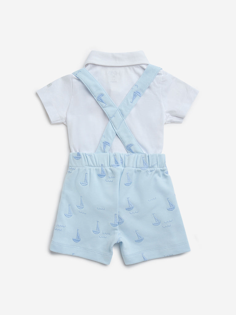 HOP Baby Light Blue Sea-Themed Cotton Shirt and Dungaree Set