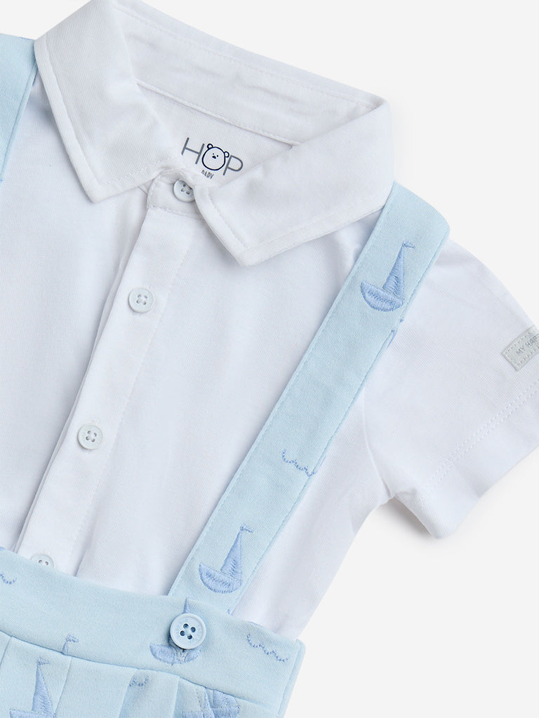 HOP Baby Light Blue Sea-Themed Cotton Shirt and Dungaree Set