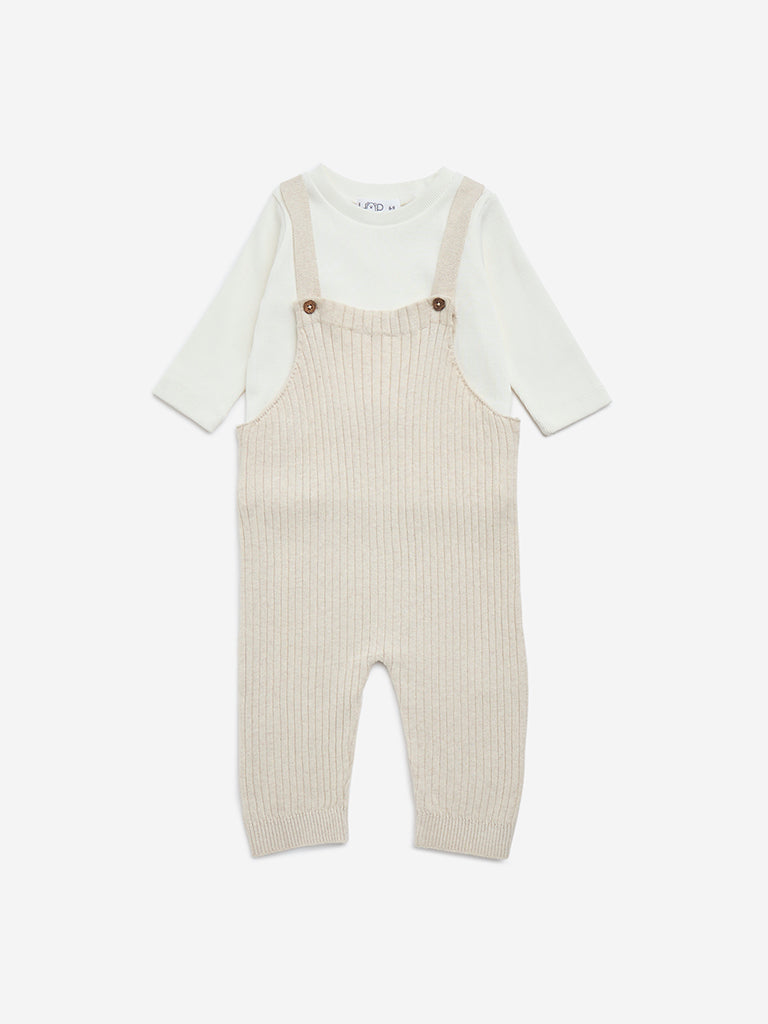 HOP Baby Beige Ribbed Textured Cotton-Blend Dungaree with T-Shirt Set