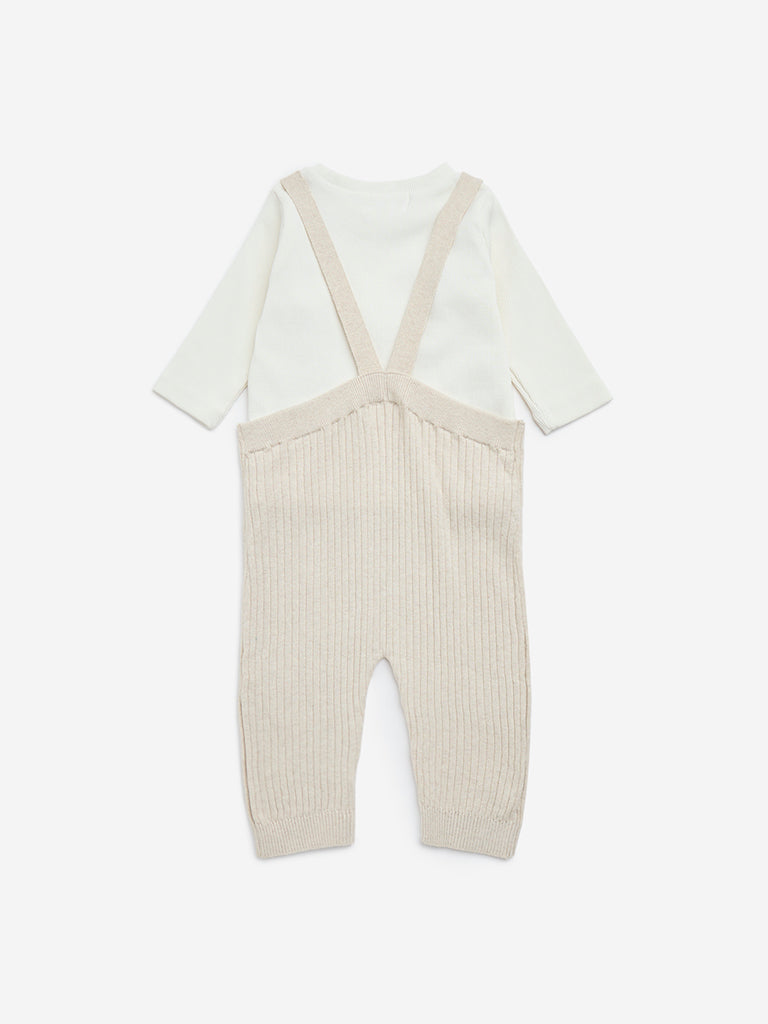 HOP Baby Beige Ribbed Textured Cotton-Blend Dungaree with T-Shirt Set