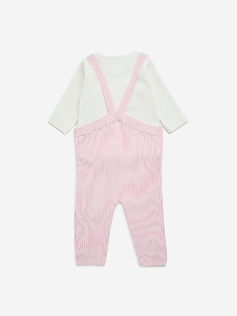 HOP Baby Pink Ribbed Textured Cotton-Blend Dungaree with T-Shirt Set