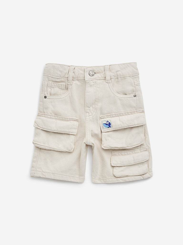 HOP Kids Beige Mid-Rise Denim Shorts