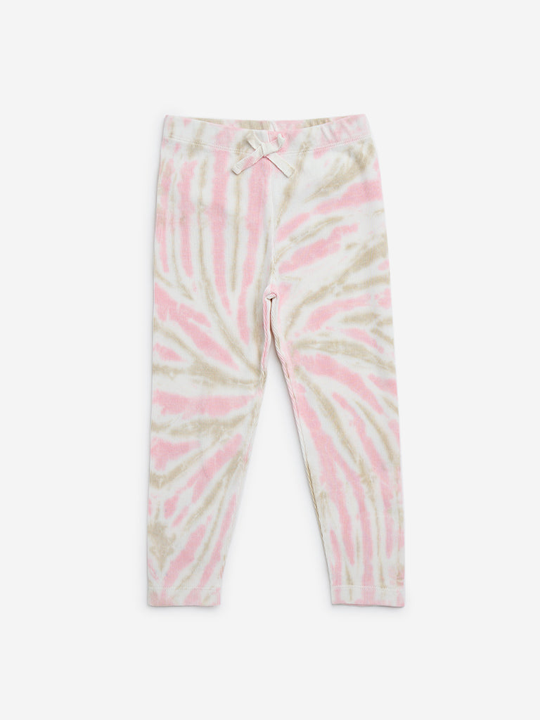 HOP Kids Beige & Pink Tie-Dye Cotton-Blend Leggings