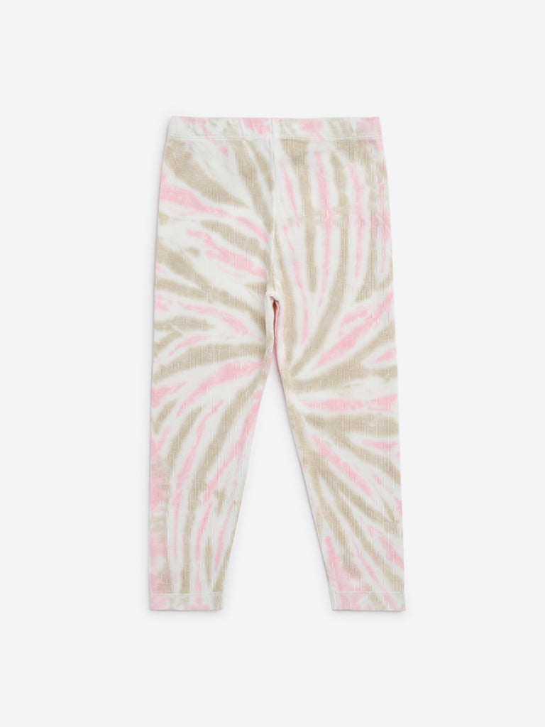 HOP Kids Beige & Pink Tie-Dye Cotton-Blend Leggings