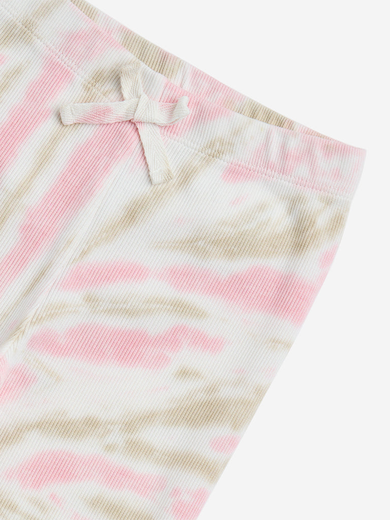 HOP Kids Beige & Pink Tie-Dye Cotton-Blend Leggings