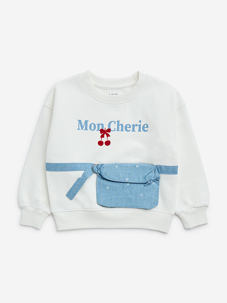 HOP Kids White Printed Cotton-Blend Sweatshirt with Pouch