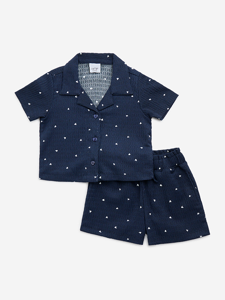 HOP Kids Navy Printed and Textured Shirt and Shorts Set