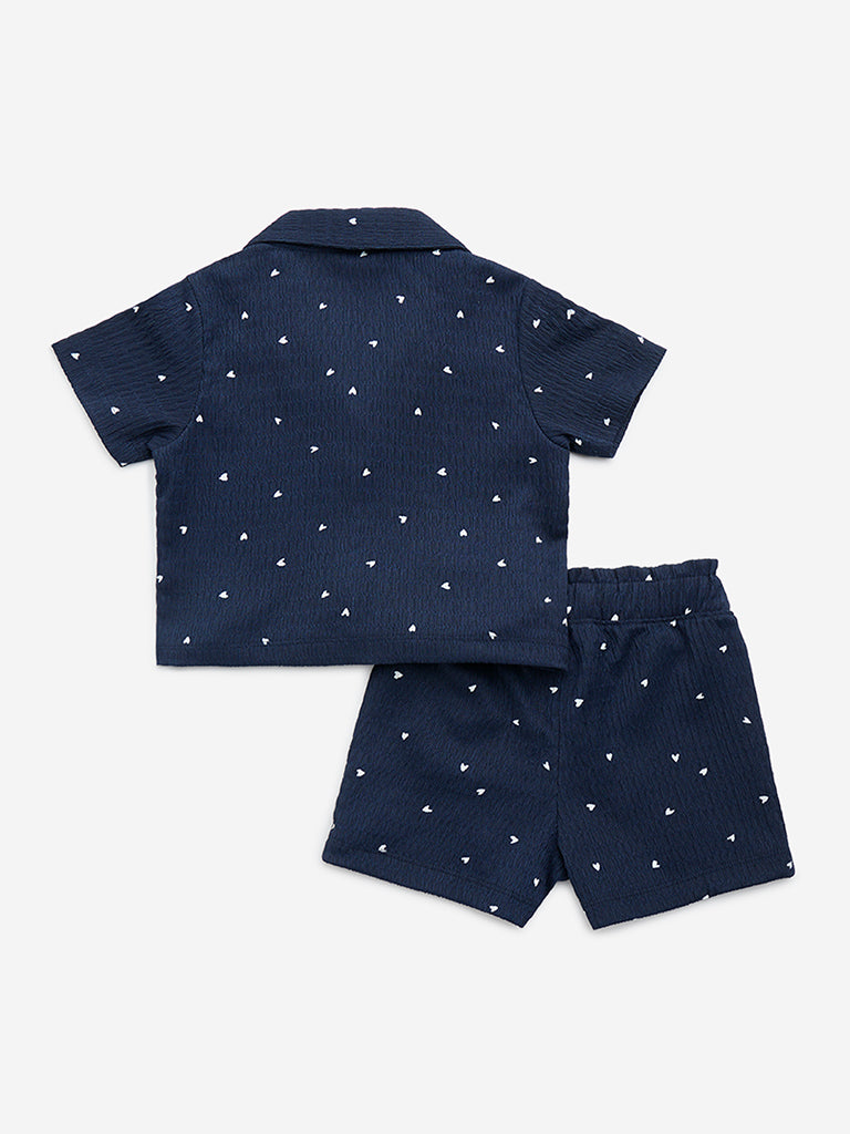 HOP Kids Navy Printed and Textured Shirt and Shorts Set