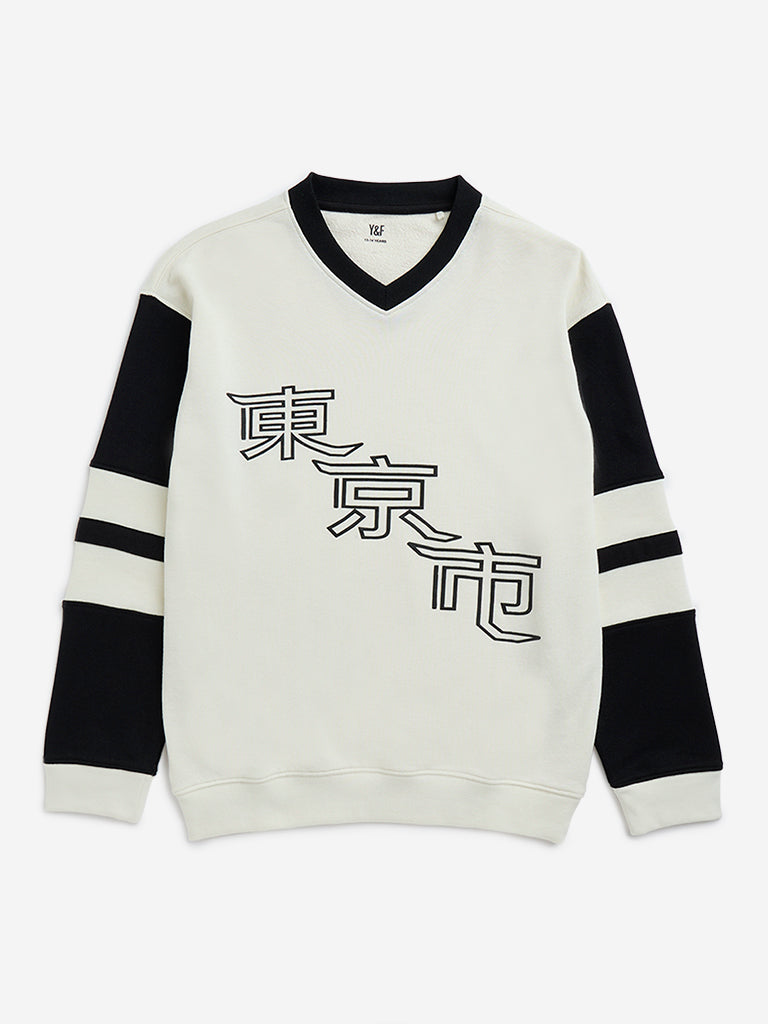 Y&F Kids Off-White Text Design Cotton-Blend Sweatshirt