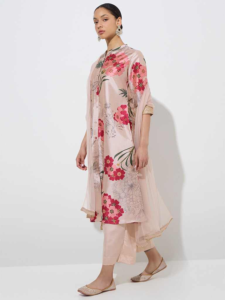 Vark Beige Floral A-Line Kurta, Pants and Dupatta Set 