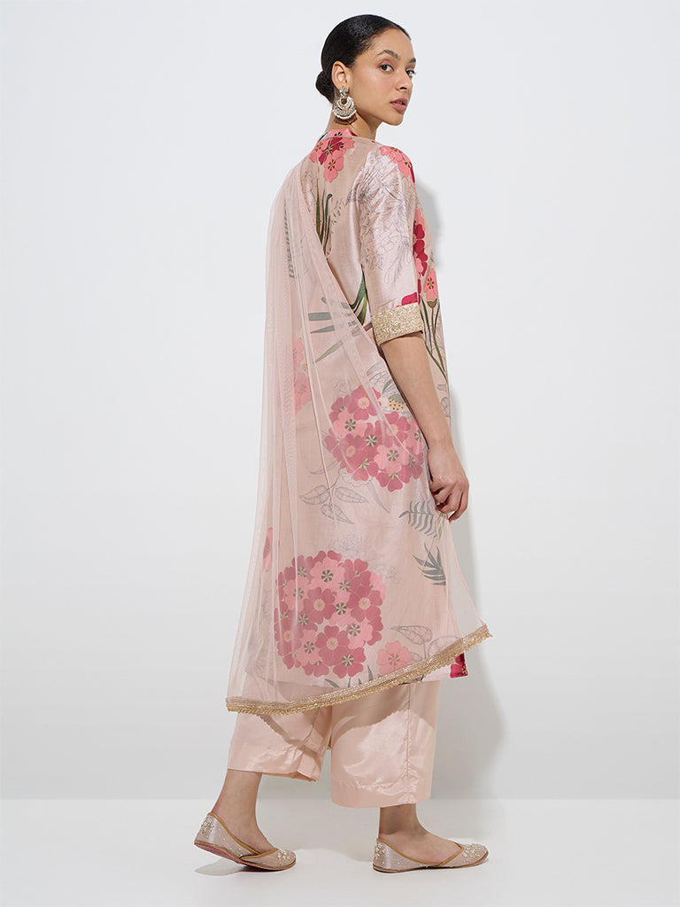 Vark Beige Floral A-Line Kurta, Pants and Dupatta Set 