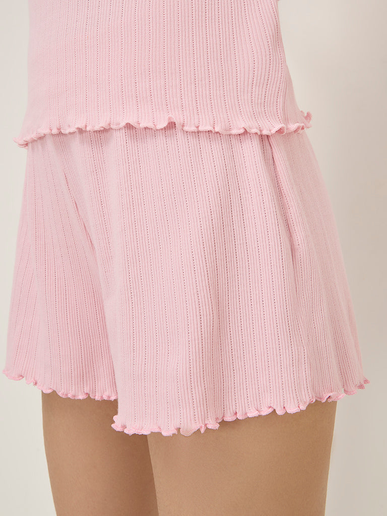 Superstar Light Pink Ribbed High-Rise Cotton Shorts