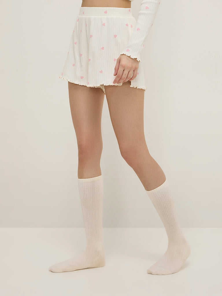 Superstar Ivory Heart Printed Ribbed High-Rise Cotton Shorts