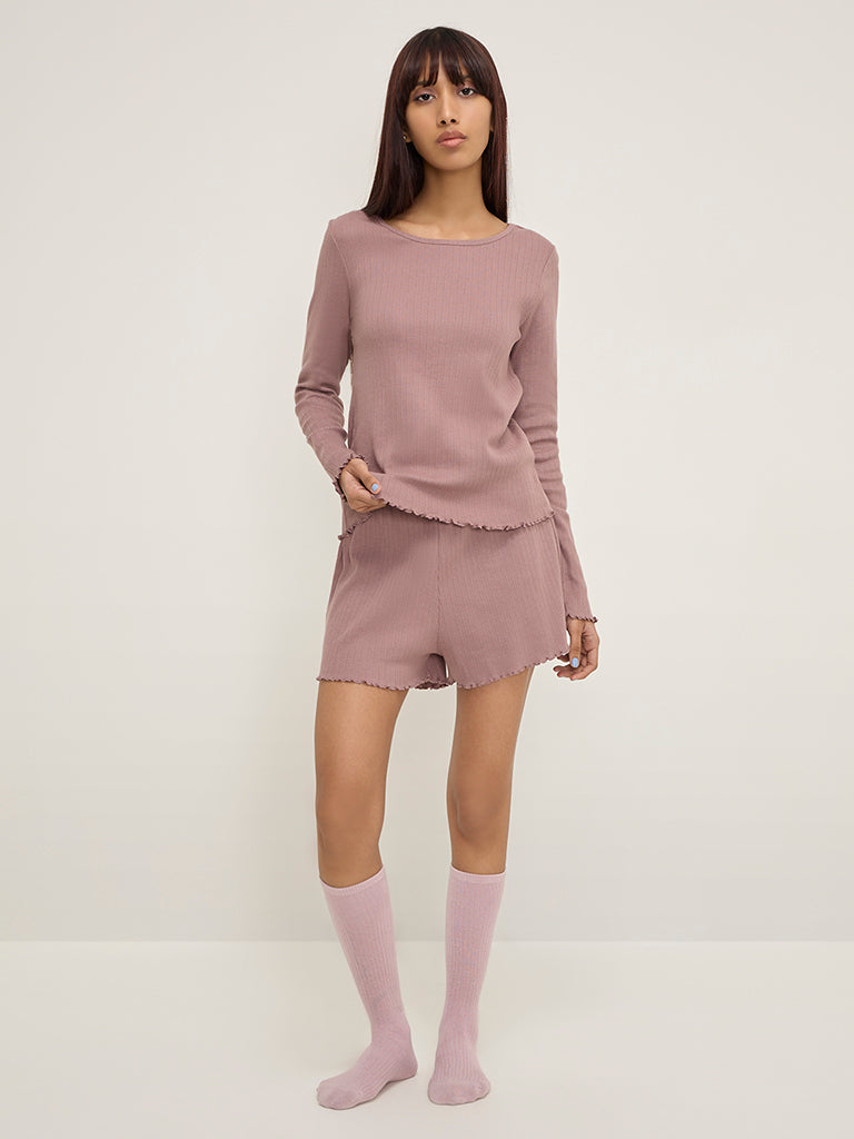 Superstar Mauve Ribbed-Textured High-Rise Cotton Shorts