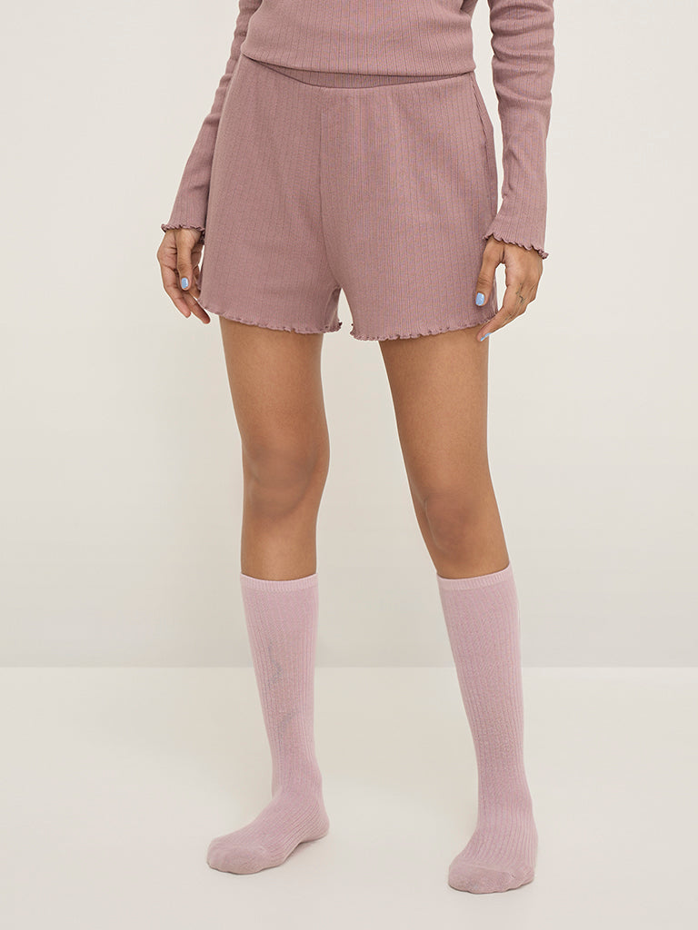 Superstar Mauve Ribbed-Textured High-Rise Cotton Shorts