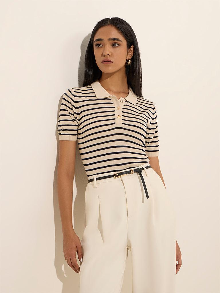 Wardrobe Ivory Striped Cotton Polo Top