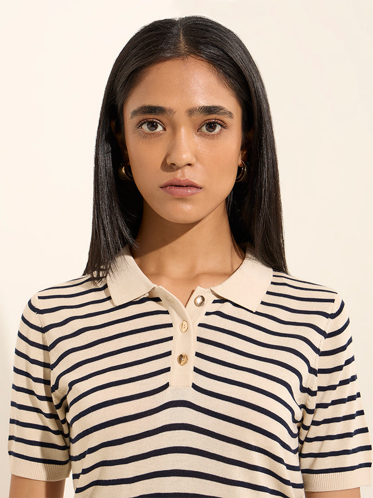 Wardrobe Ivory Striped Cotton Polo Top