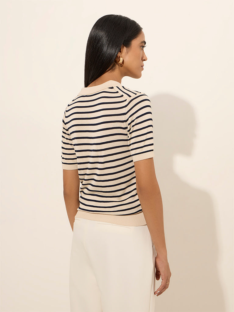 Wardrobe Ivory Striped Cotton Polo Top