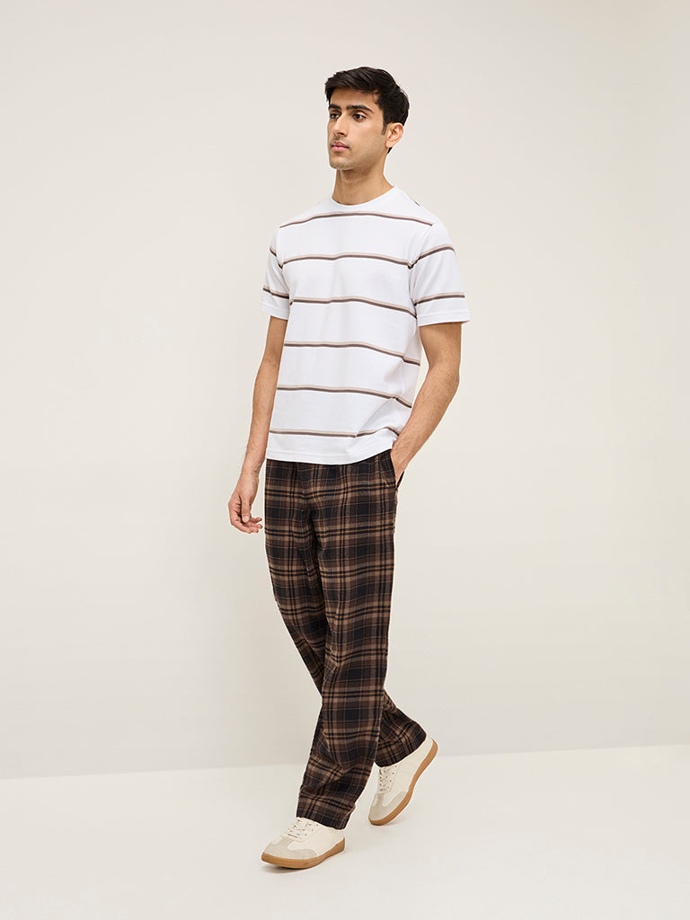 WES Lounge Dark Brown Checks Design Mid-Rise Relaxed-Fit Cotton Pants