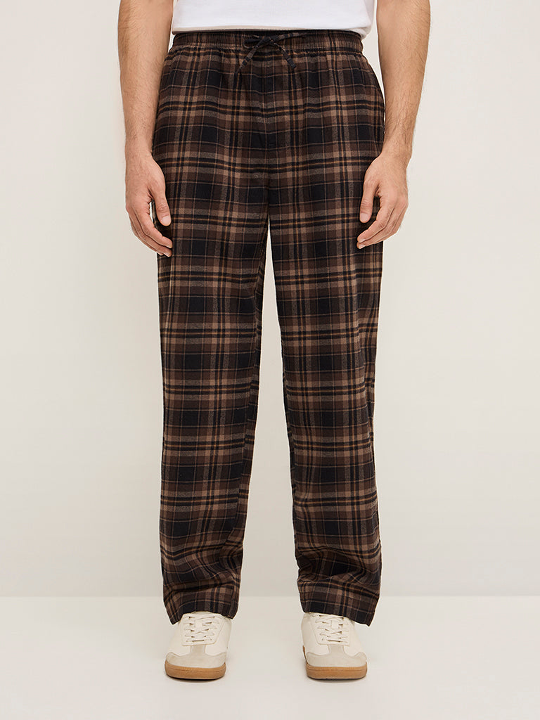 WES Lounge Dark Brown Checks Design Mid-Rise Relaxed-Fit Cotton Pants