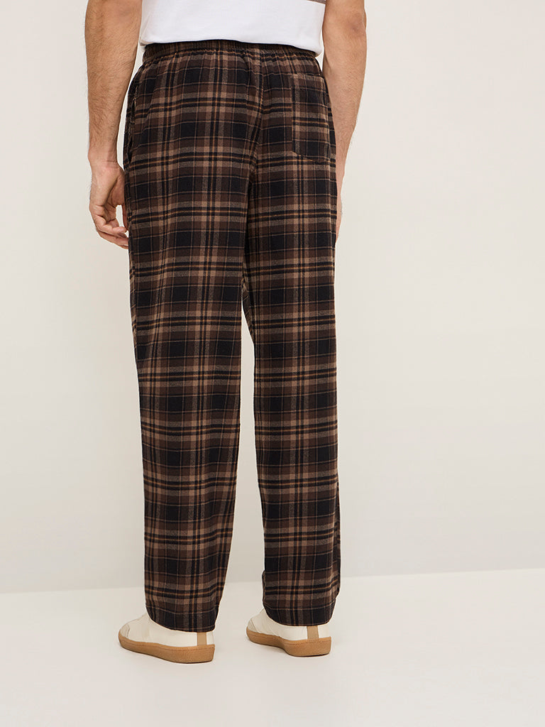 WES Lounge Dark Brown Checks Design Mid-Rise Relaxed-Fit Cotton Pants