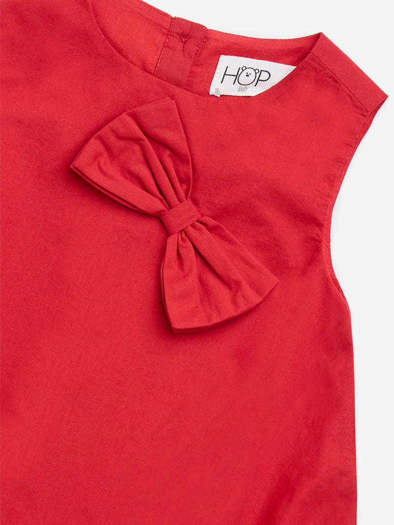 HOP Baby Red Bow-Detailed Balloon Cotton Dress