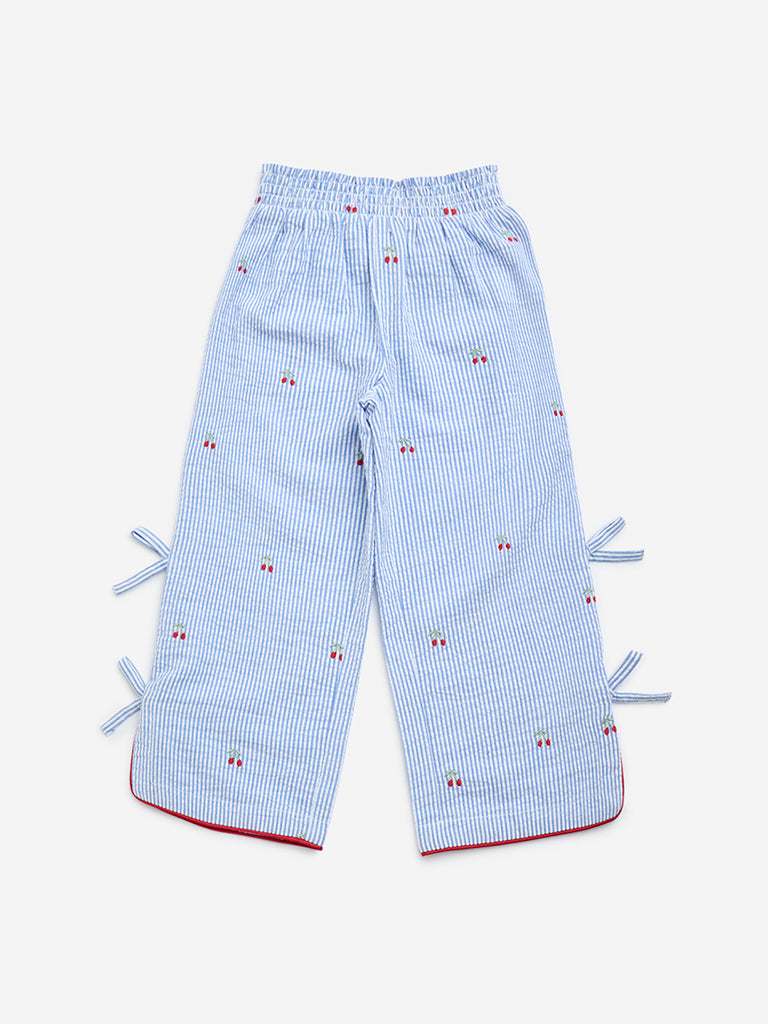 HOP Kids Light Blue Striped High-Rise Cotton Pants