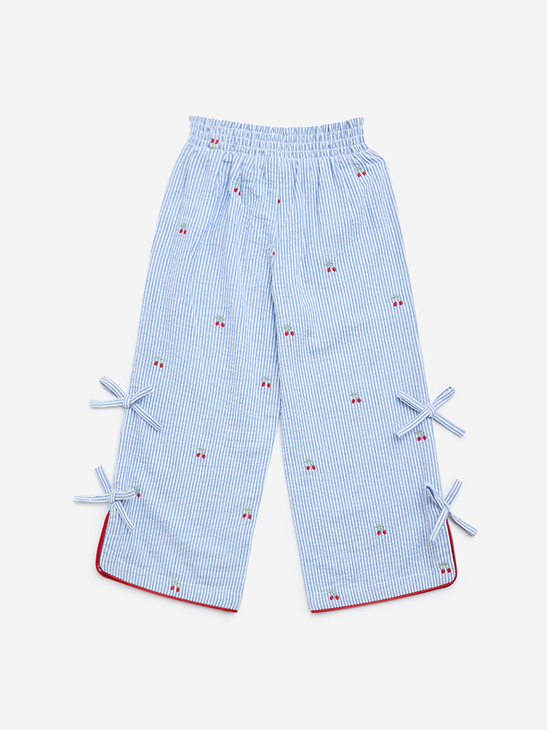 HOP Kids Light Blue Striped High-Rise Cotton Pants