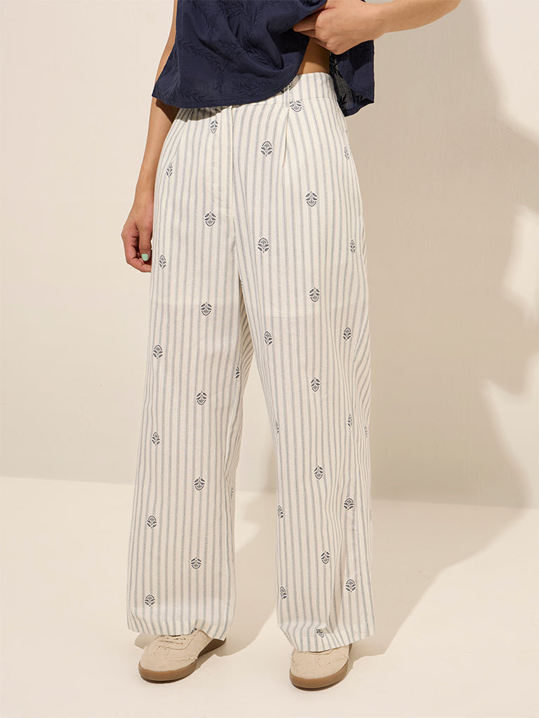 Bombay Paisley Ivory Striped High Rise Cotton Pants