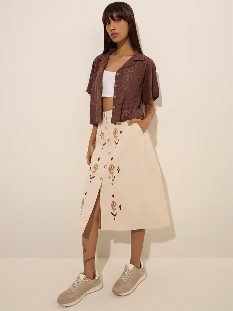 Bombay Paisley Off-White Paisley Embroidered High-Rise Cotton Skirt