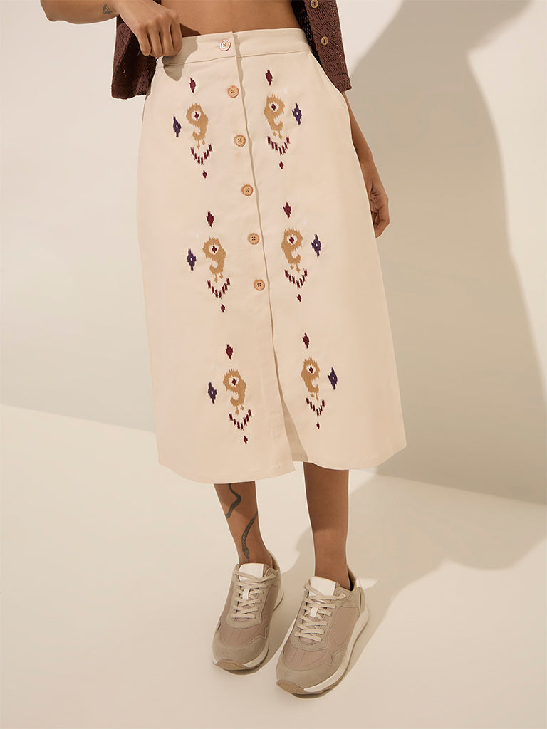 Bombay Paisley Off-White Paisley Embroidered High-Rise Cotton Skirt