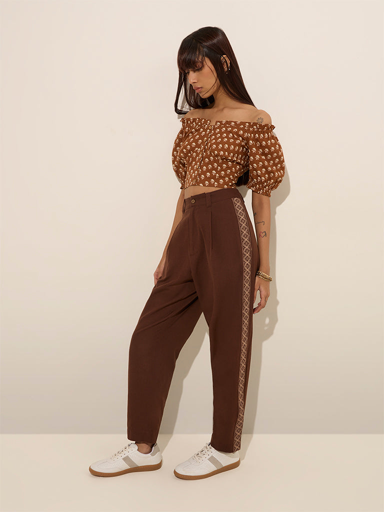 Bombay Paisley Brown Printed High-Rise Cotton Trousers