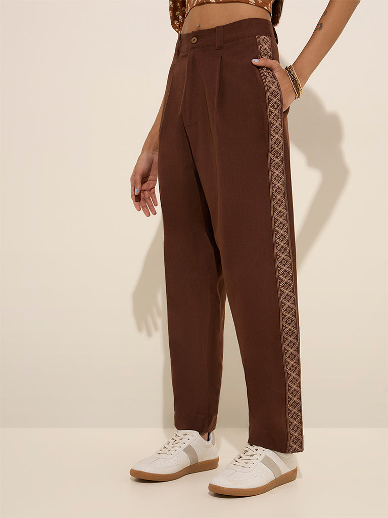 Bombay Paisley Brown Printed High-Rise Cotton Trousers