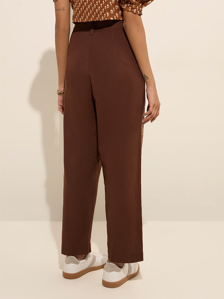 Bombay Paisley Brown Printed High-Rise Cotton Trousers