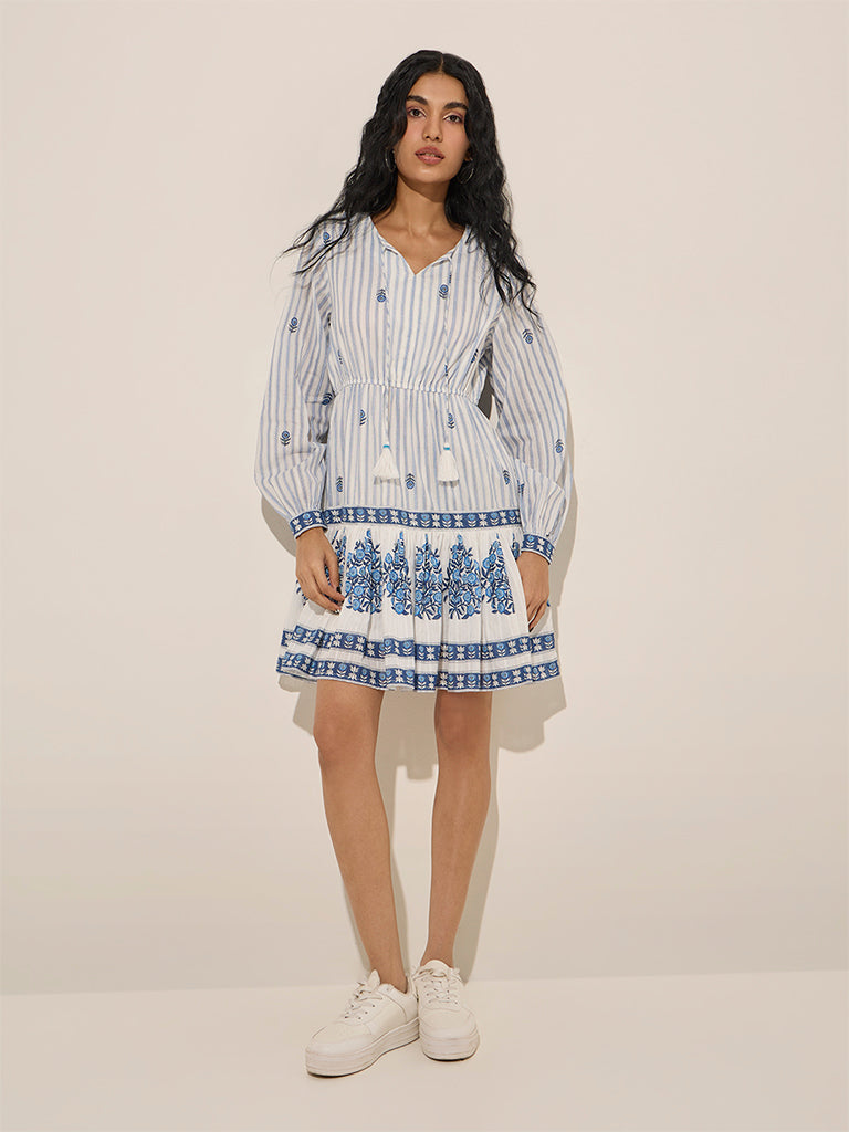 Bombay Paisley Blue Stripe Printed Cotton A-Line Dress