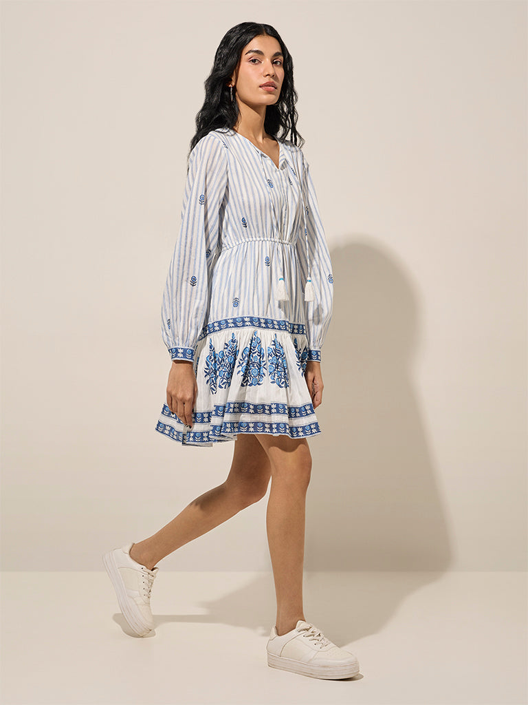 Bombay Paisley Blue Stripe Printed Cotton A-Line Dress