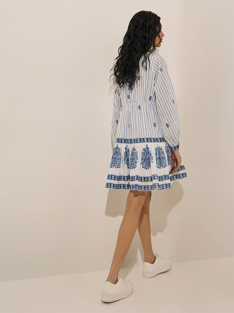 Bombay Paisley Blue Stripe Printed Cotton A-Line Dress