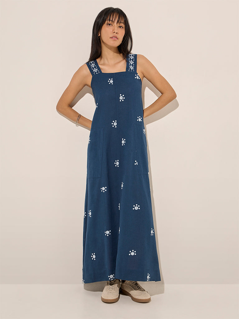 Bombay Paisley Navy Embroidered Cotton A-Line Dress