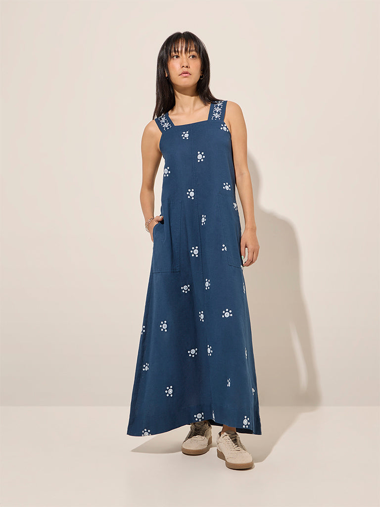 Bombay Paisley Navy Embroidered Cotton A-Line Dress