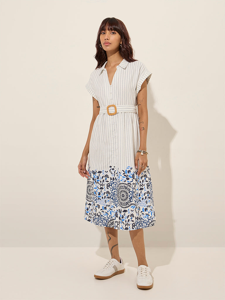 Bombay Paisley Blue Cotton-Blend Shirt Dress with Belt