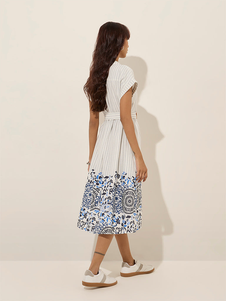 Bombay Paisley Blue Cotton-Blend Shirt Dress with Belt