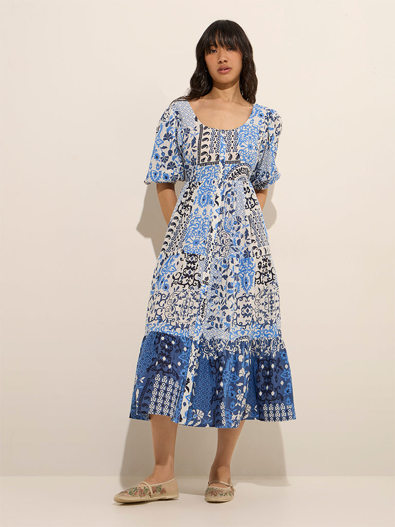 Bombay Paisley Blue Ethnic Printed Fit-and-Flare Dress