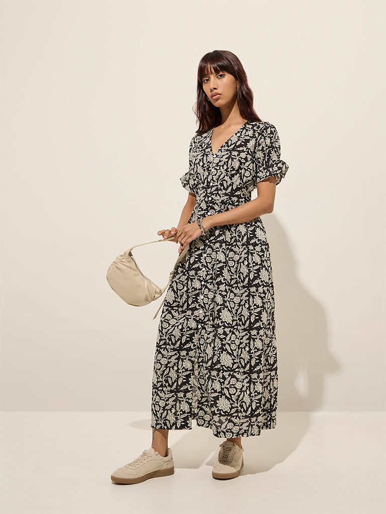 Bombay Paisley Black Floral Printed Cotton A-Line Dress