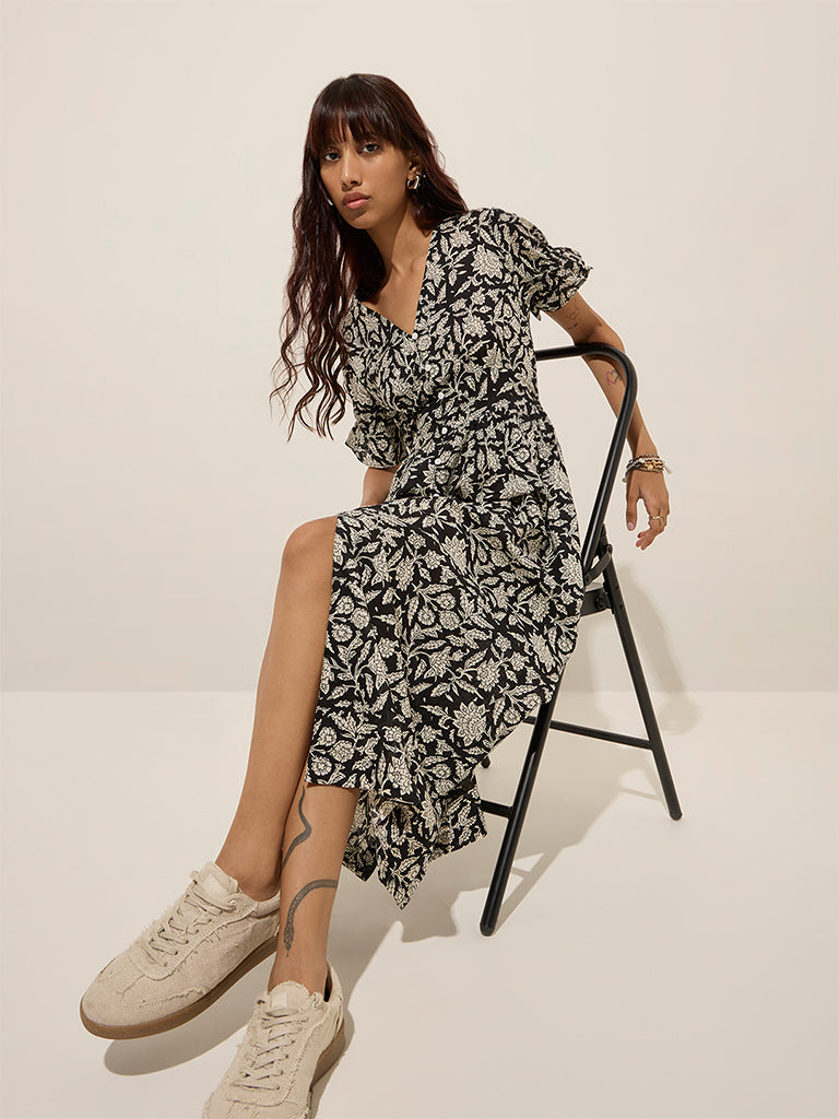 Bombay Paisley Black Floral Printed Cotton A-Line Dress