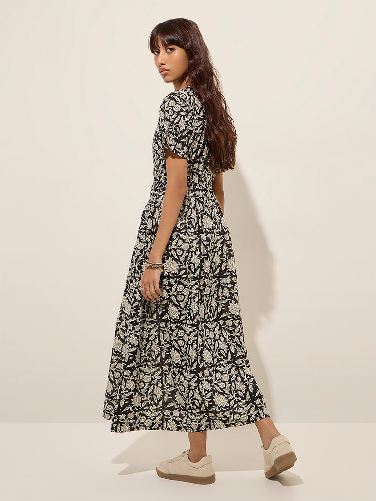 Bombay Paisley Black Floral Printed Cotton A-Line Dress