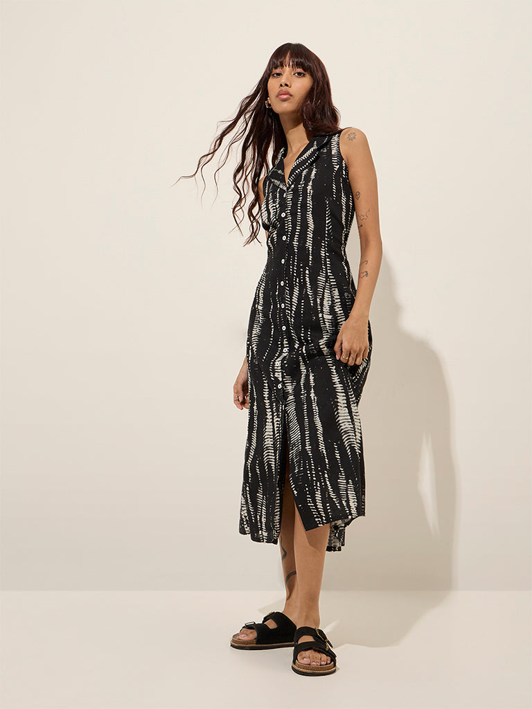 Bombay Paisley Black Printed Cotton A-Line Shirt Dress